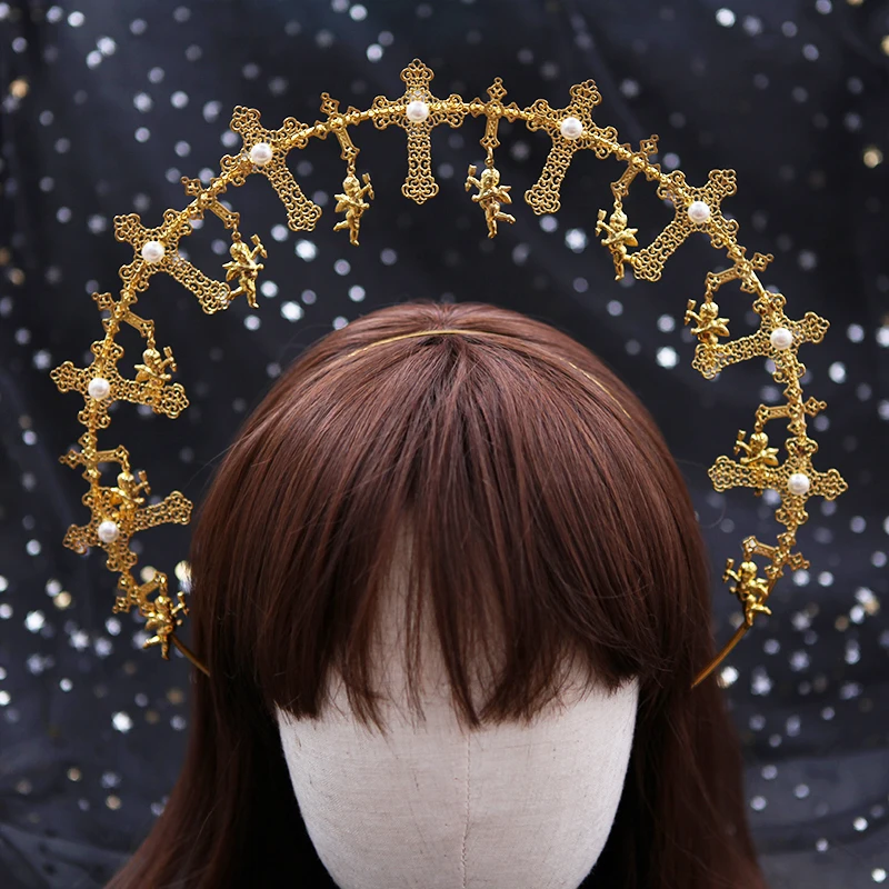 

Gold Halo Goddess Headpiece Lolita Vintage cross Crown Headband Angel Virgin Mary Baroque Tiara Gothic Headwear Cosplay