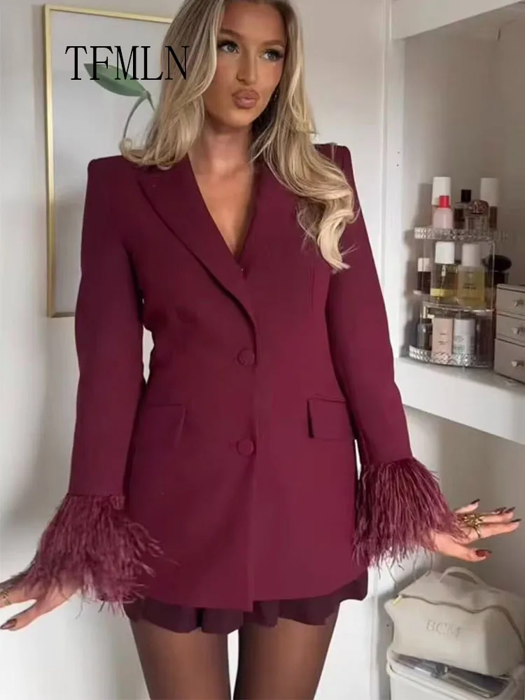 Elegant Women Feathers Blazer Jackets 2025 Autumn Office Ladies Notched Single Breasted Party Coats Fashion Chic Causal Outwears