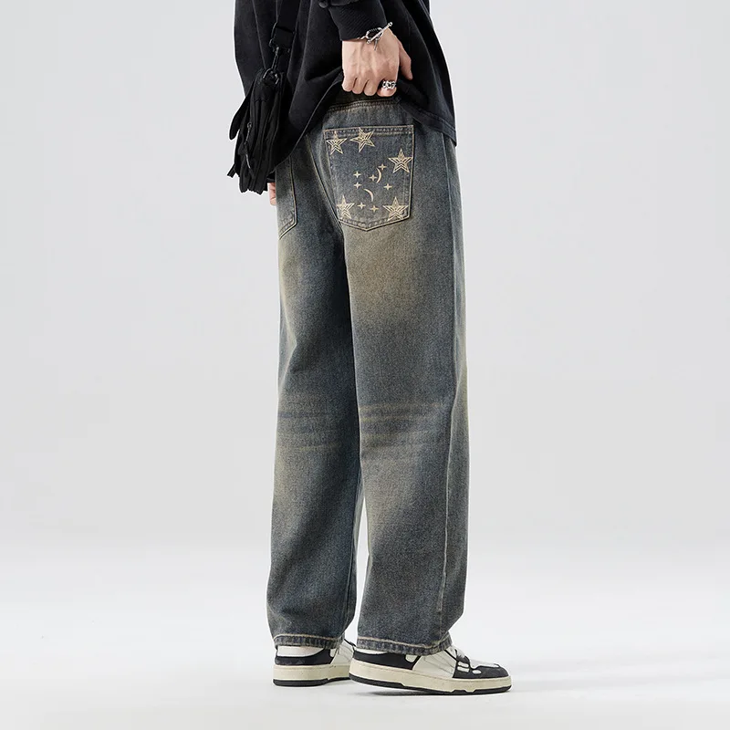 

2023Personalized Printed Jean Men Drawstring Breathable Retro Wide-leg Jeans for Men in Autumn and Winter.