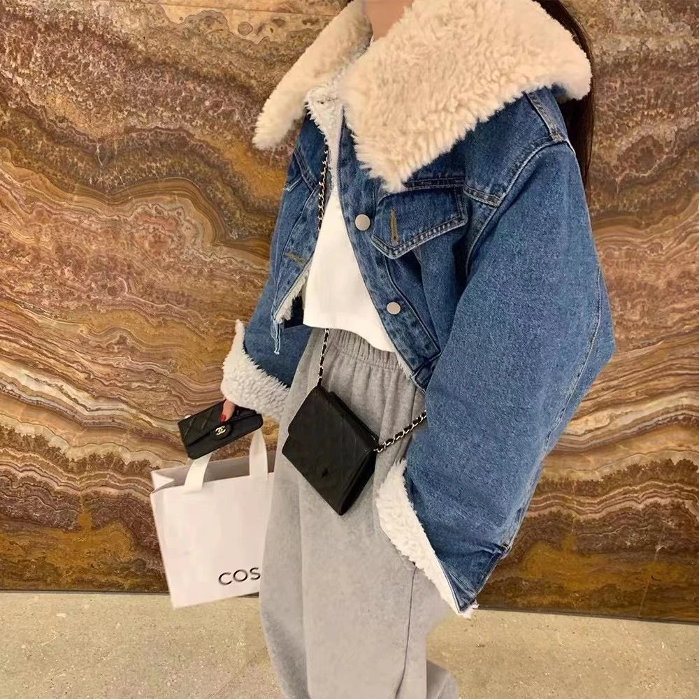 Women Causal Warm Denim Fleece Jacket Large Faux Fur Collar Coat Winter 2024