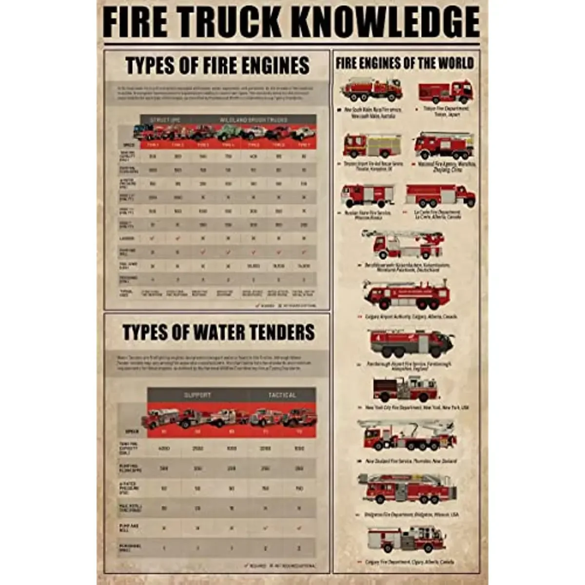 

Fire Truck Knowledge Metal Tin Sign Fire Truck Of The World Retro Poster Education School Living Art Wall Decoration Plaque Gift