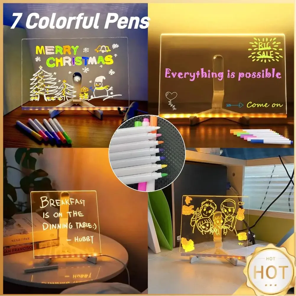 Acrylic LED Message Board - 30x20cm Light Up Writing Board With 7 Color Pens, Stand & USB, For Notes & Decor