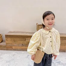 

Spring girl jacquard puff sleeve shirt kids polka dot cotton shirts Tops