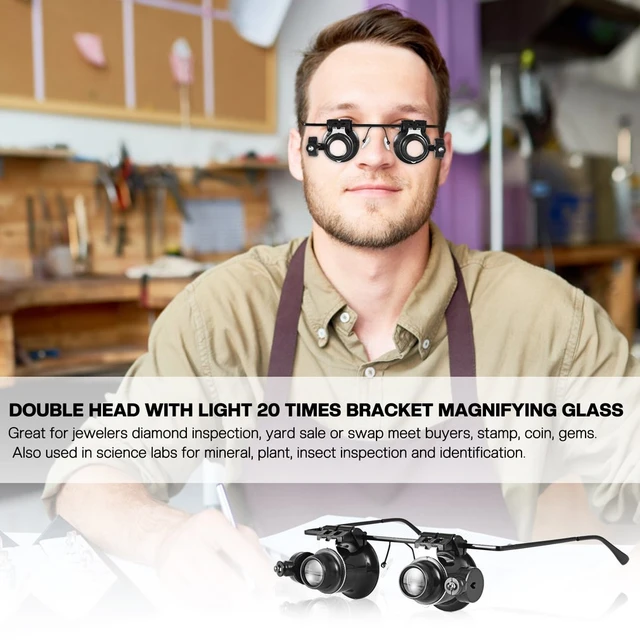 Lupa profesional 20X, gafas de doble ojo, reparación de relojes,  herramienta de inspección, lupa con Dos luces LED ajustables - AliExpress