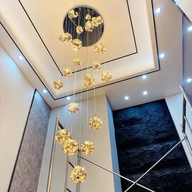 Lámpara de escalera de cielo estrellado, candelabro largo de diseño nórdico, luz de pasillo dúplex, luces colgantes creativas de lujo, salón de apartamento 5