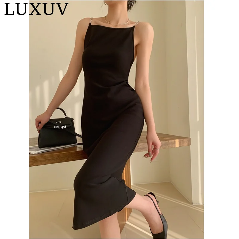 

LUXUV Summer Women Sexy Spaghetti Strap Black Skims Long Dress Y2k Sleeveless Solid Skinny Bodycon Trumpet Maxi Dresses Vestidos