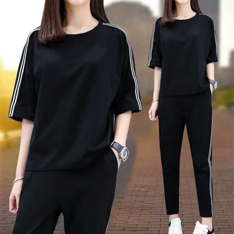 Women Sports Suit Autumn Fashion Loose Half Sleeve Ankle-length Pants Two-piece