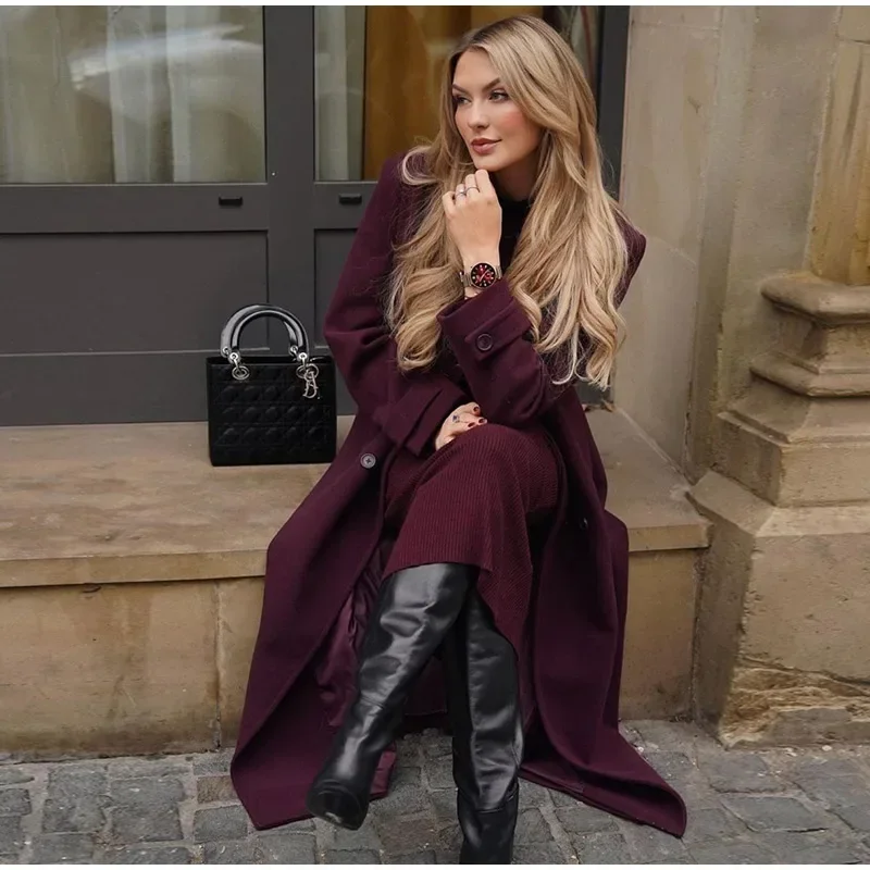 Fashion Burgundy Red Double Breasted Overcoat Women Lace Up Loose Lapel Pockets Long Sleeve Coat New High Street Outerwear
