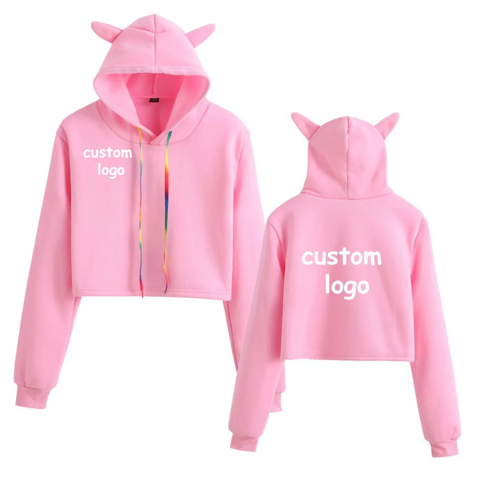 Custom Hoodie with Your Logo Cat Ear Short Hooded Long Sleeved Hoodie Pullover Solid Color Sweater Women Top Short Hoodie