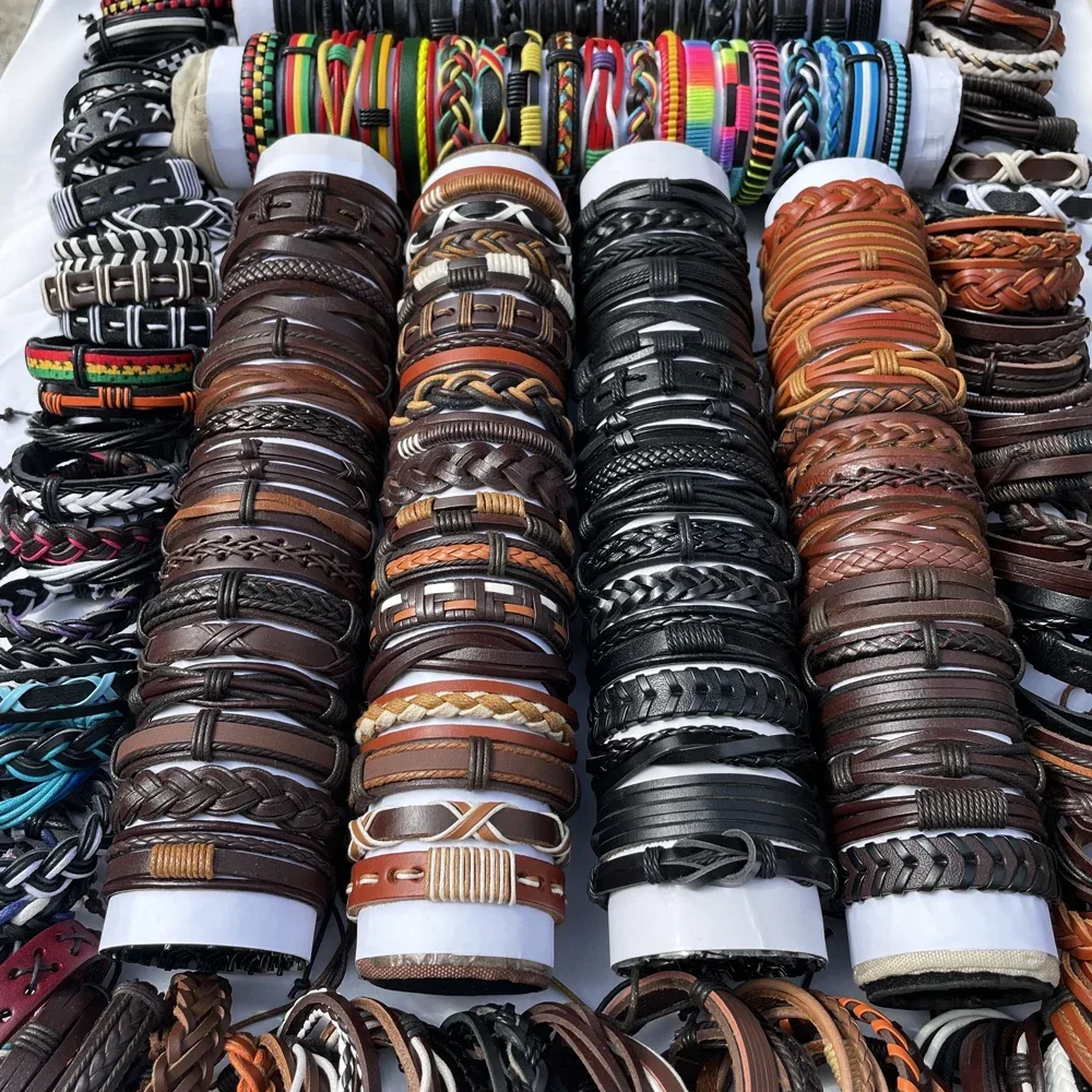 

Fashion 30Pcs/lot Braided Ethinc Tribal Bracelet Wholesale Bulk Lots Mix Styles Leather Cuff Bracelets Men's Women's Jewelry