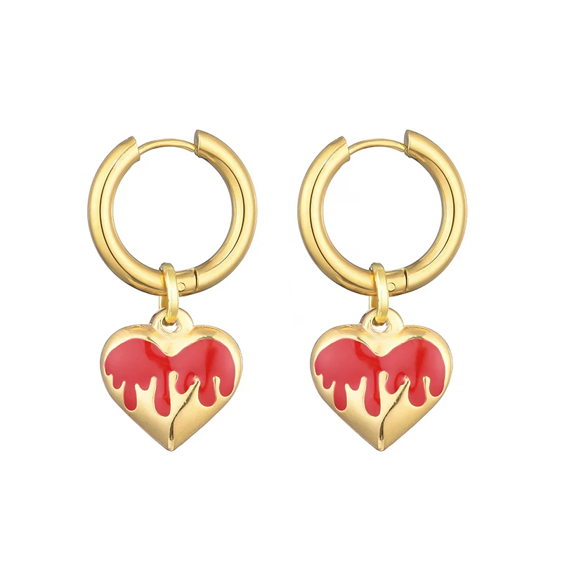 New Classic Stainless Steel Gold Color Chic Heart Pendant Hoop Earrings For Women Enamel Vintage Elegant Love Earrings Jewelry