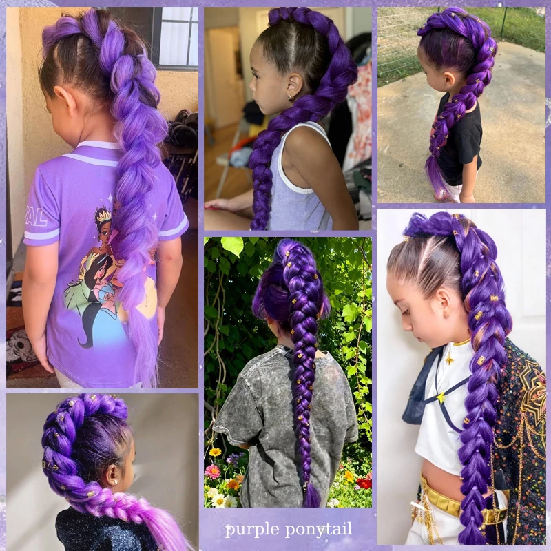 Purple Hair Extensions for Braiding Synthetic Crochet Jumbo Braids for Kids Christams Cosplay Pre Stretched Extension Purple Wig
