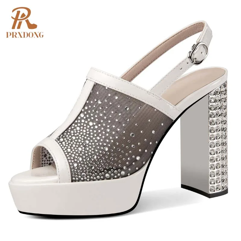 

PRXDONG Women's Shoes 2024 New Brand Elegant Summer Chunky High Heels Platform Crystal Dress Party Wedding Lady Sandals Size 39
