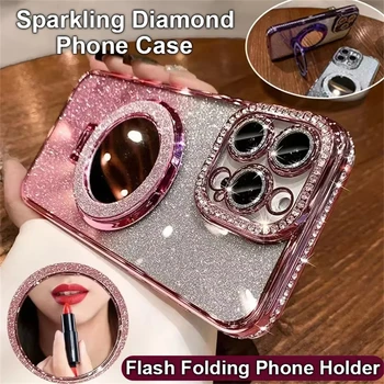Diamond Glitter For Magsafe Bracket Phone Cases For iPhone 17 16 15 14 13 12 11 Pro Max Air Mirror Magnetic Holder Stand Cover 1