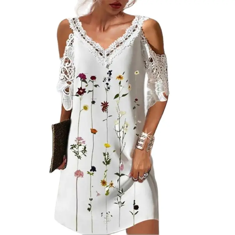 

New summer couture White printed v-neck lace dress Floral off-the-shoulder casual dress Elegant beach dress