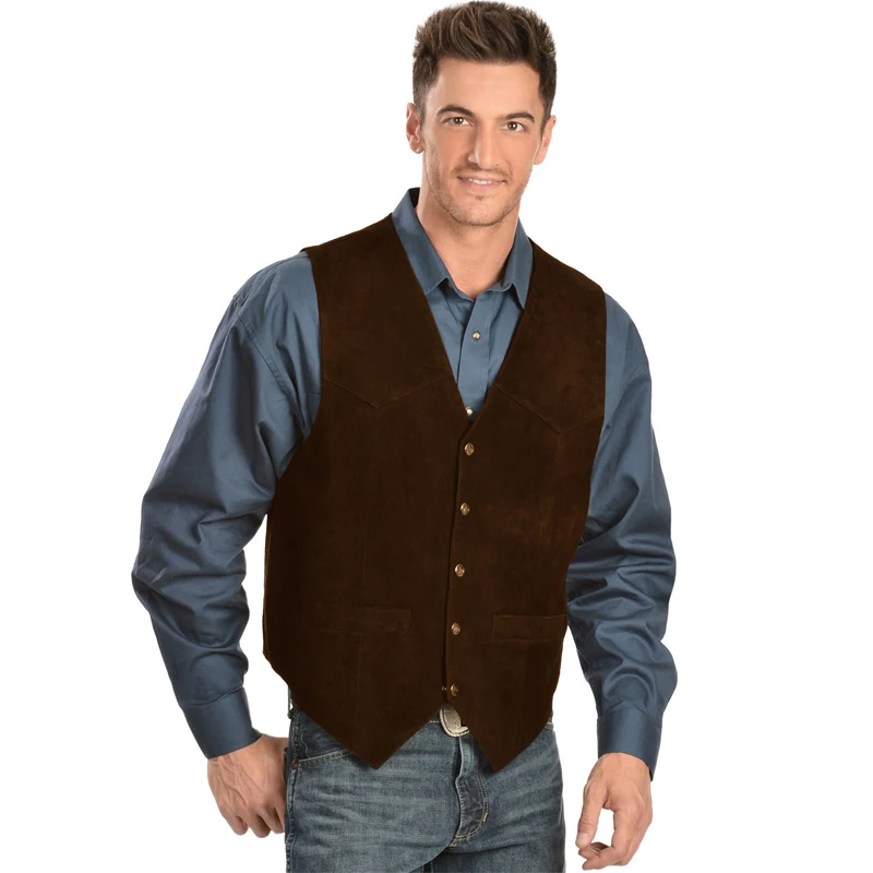 Men's Suit Vest Suede V-Neck 4 Button Vests Western Denim Retro Steampunk Sleeveless Jacket Waistcoat Male