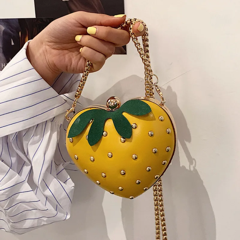 Cute Fruit Strawberry Heart Shape Pu Rivet Mini Fashion Ladies Chain Purse Clutch Bag Shoulder Bag Tote Female Flap Handbag