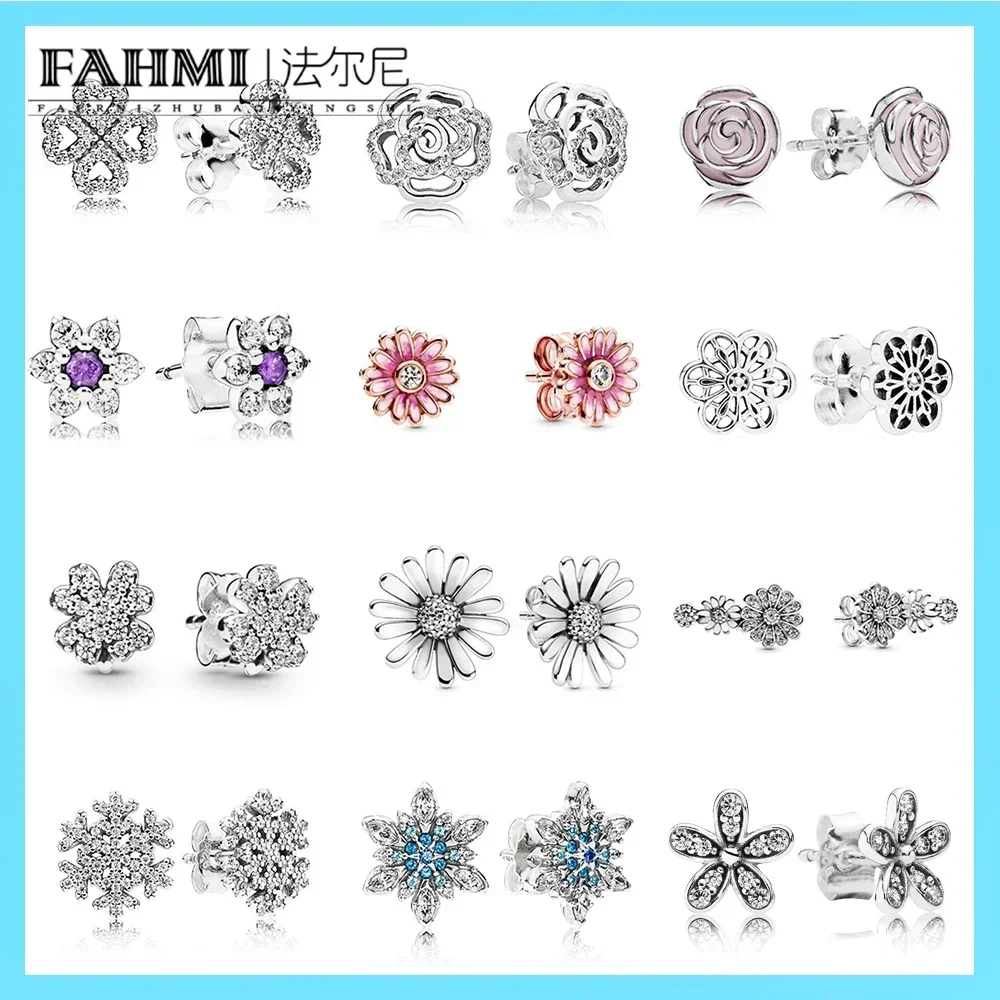 

Pan 925 Sterling Silver New Earrings Magnolia Earrings Daisy Four-leaf Clover Rose Gold Snow Crown Ring Earrings