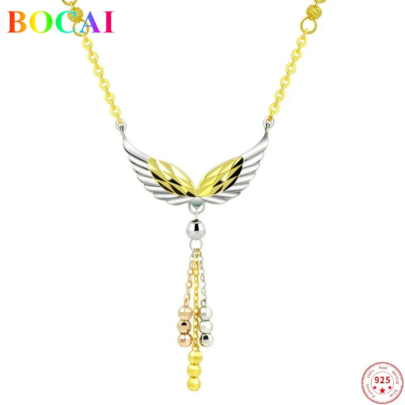 

BOCAI 100% Real Sterling Silver S925 Necklace Angel Wings Balls 18k Color Gold Pure Argentum Elegant Neck Chain For Women