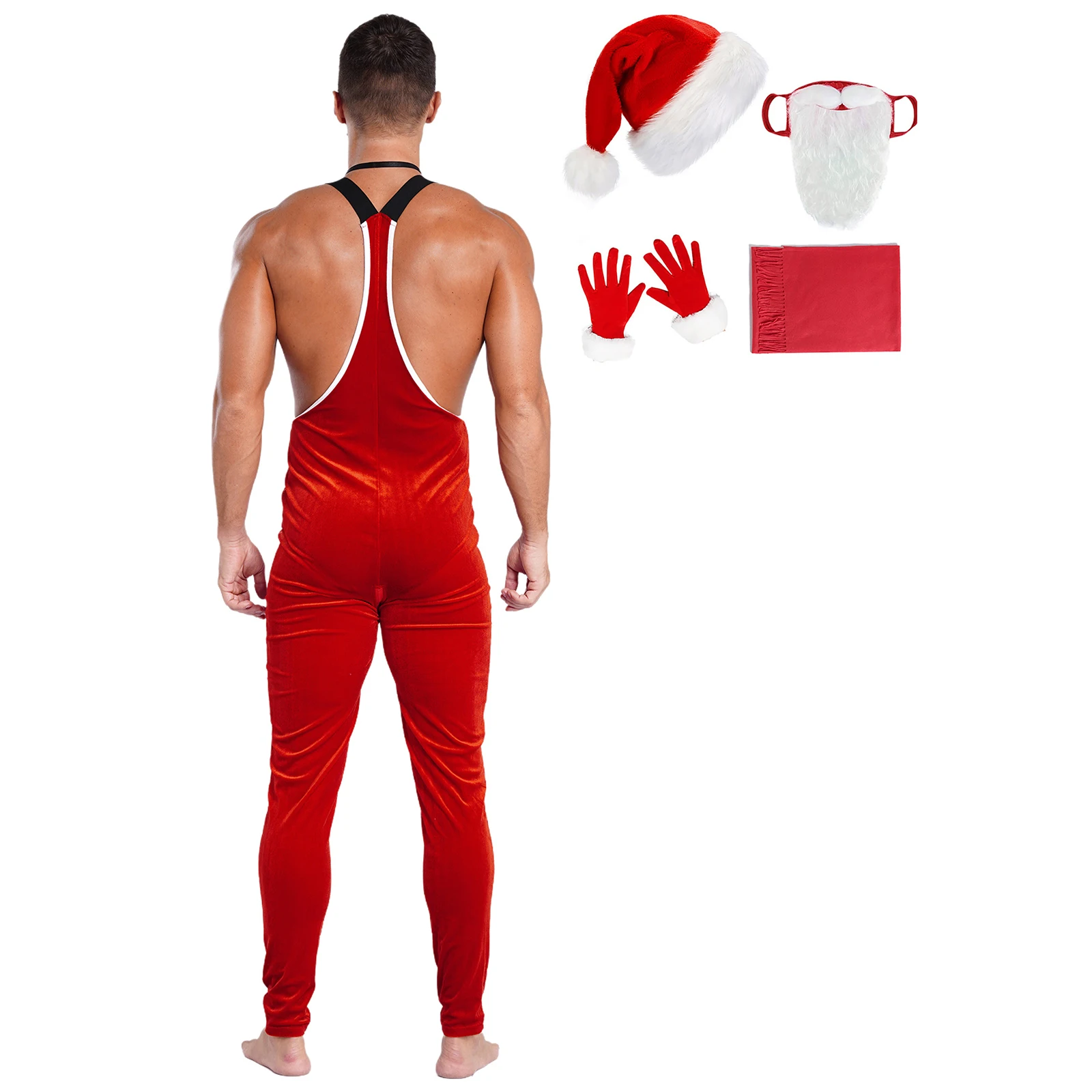 Herren Weihnachten Weihnachtsmann Cosplay Kostüm Plüsch Overall Hosenträger Hose mit Hut für Festival Weihnachten Neujahr Party Clubwear – Detail 4