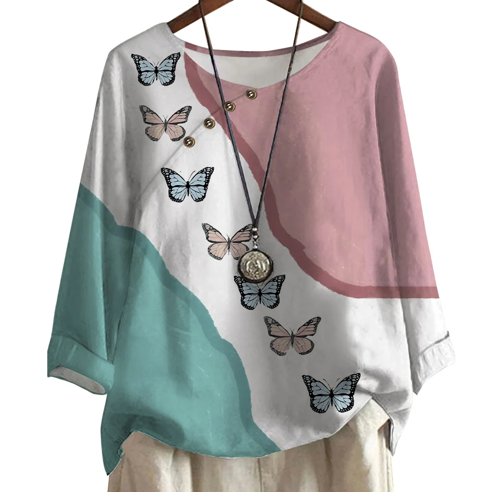 

CLOOCL Women T-shirt Fashion Elegant Summer Blouse Tricolor Pattern Little Butterflies Printed Long Sleeve Female Work Wear Tees