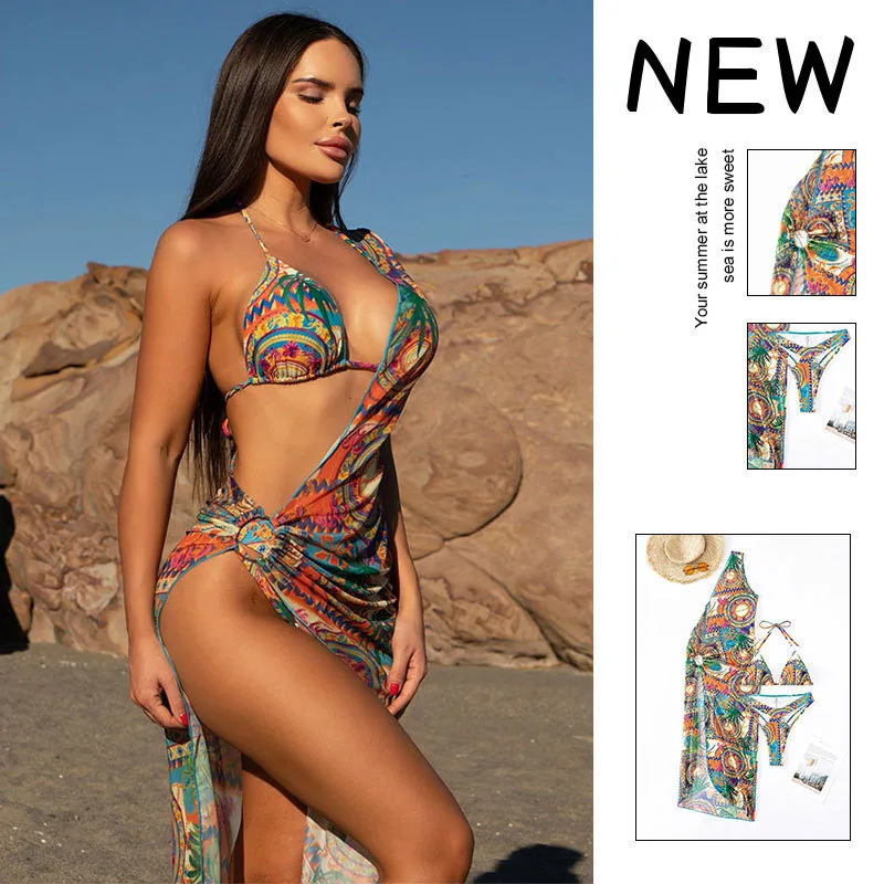 Color Patchwork Women Bikini 3 Piece Set 2023 Summer Beach Bathing Suit with High Slit Long Maxi Dress Holiday Swimming Suit