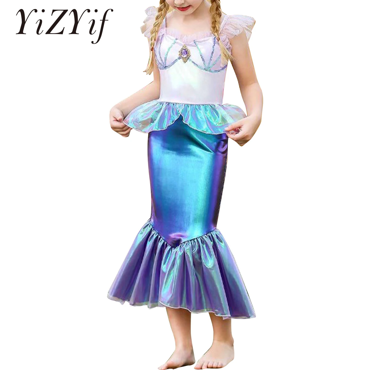 

Girls Mermaid Tails Dresses Halloween Cosplay Performance Costume Beach Clothes Sleeveless Shiny Fishtail Skirt Dress