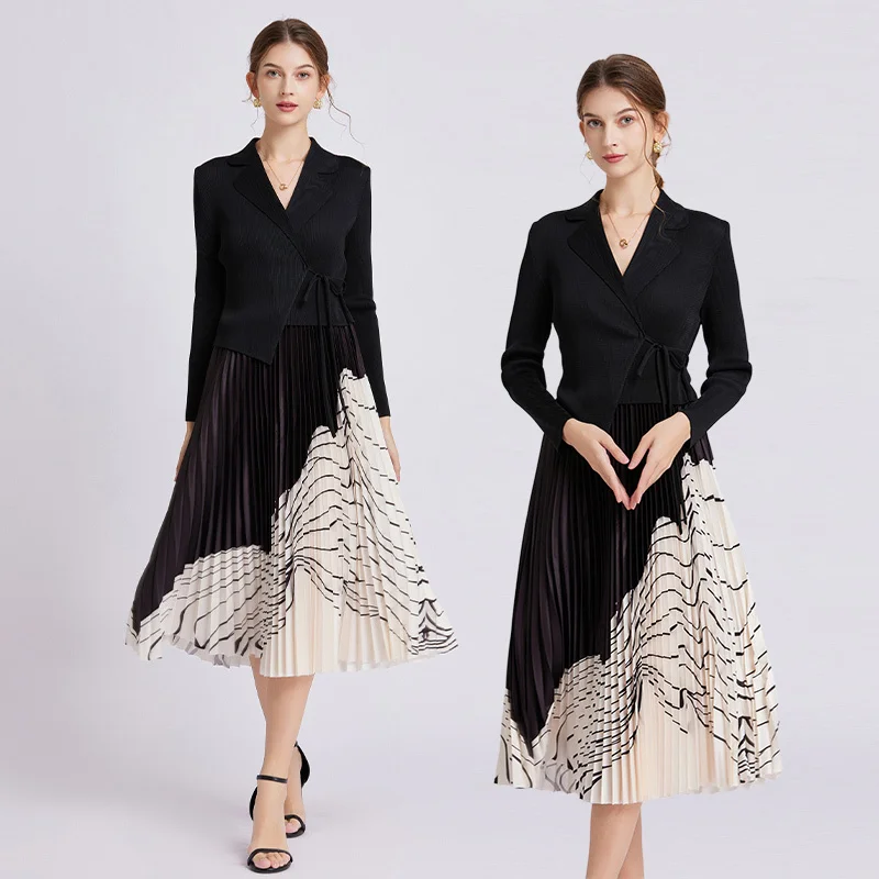 

Women's dress traf official store house fold autumn and winter new suit collar lace-up waist slimming color contrast dress