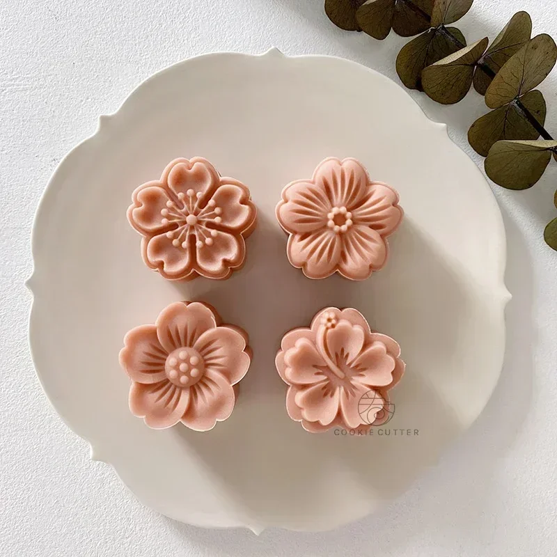 4pcs/set Cherry Blossom Rose Pattern Silicone Mold Cake Chocolate Candy Home Kitchen Cake Molds Handmade DIY Candle Soap Mould