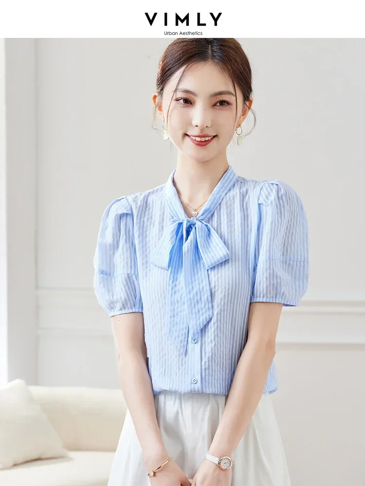 

Vimly Bow Neck Blue Striped Short Sleeve Shirts for Women 2023 Summer Sweet Puff Sleeve Lyocell Button Up Shirts & Blouses