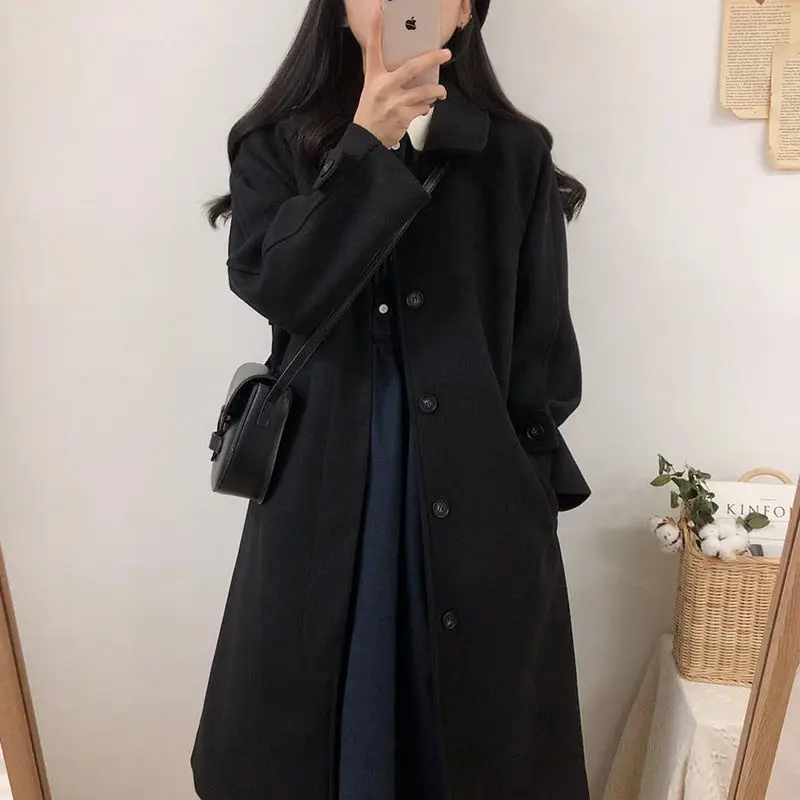 

2023 Autumn and Winter Women's Turndown Collar Button Pocket Solid Loose Fit Long Fashion Casual Elegant Wool Medium Long Coat