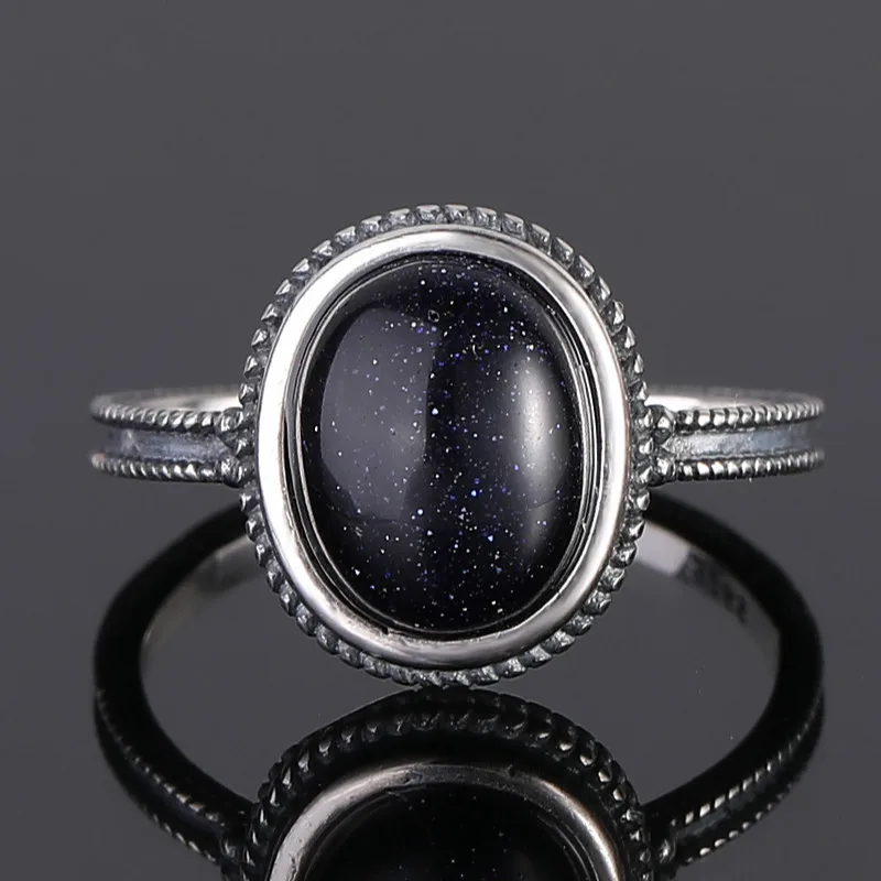 

Silver Ring Oval 8*10MM Blue Sandstone Vintage Ring For Women Female Party Fine Jewelry Anniversary Gift Wholesale
