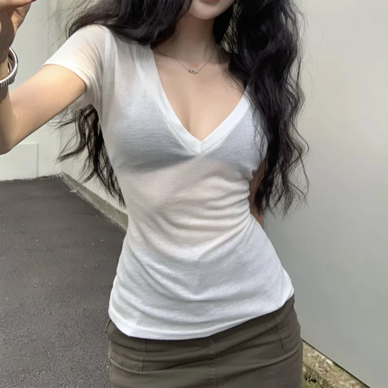 Women Short Sleeves T Shirt See Through Summer Solid Slim Casual Shirts Female Pullovers Basic Tee Y2k Clothes Streetwear Top 1
