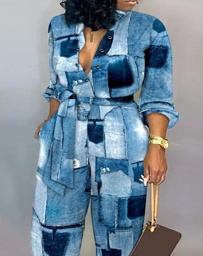 2024 New Women's Jumpsuit Denim Look Print Polo Collar Long Sleeve Belted Jumpsuit Daily Work High Waisted Long Jumpsuit