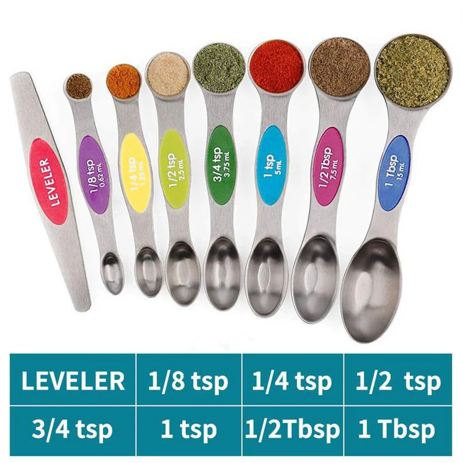 Spring Chef Magnetic Measuring Spoons Set, Dual Sided, Stainless Steel,  Fits in Spice Jars, Red, Set of 8, 2 Pack