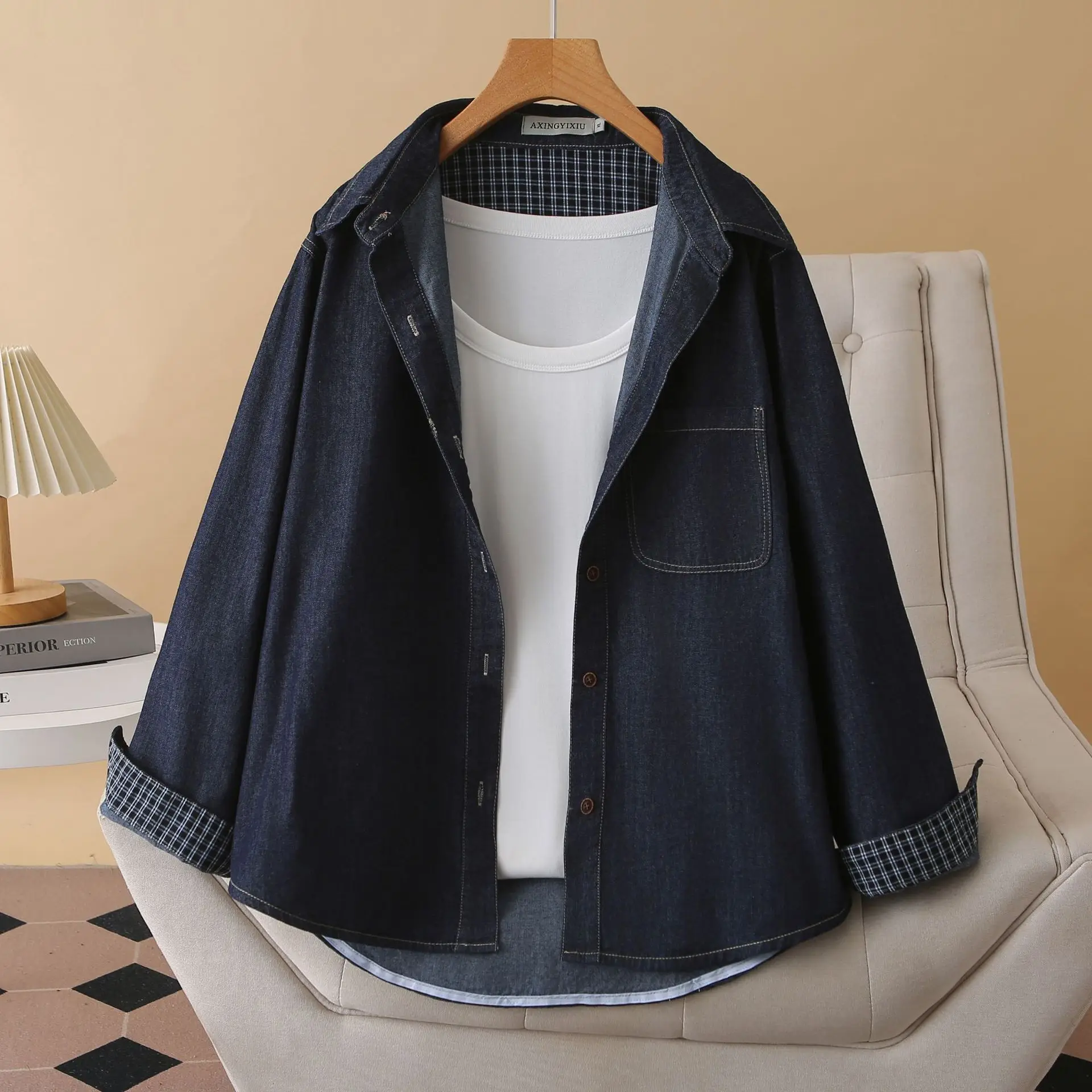 Fashion Plus Size Women's Blouses Autumn New Casual Plaid Patchwork Long Sleeve Denim Shirt Casual Top 9678