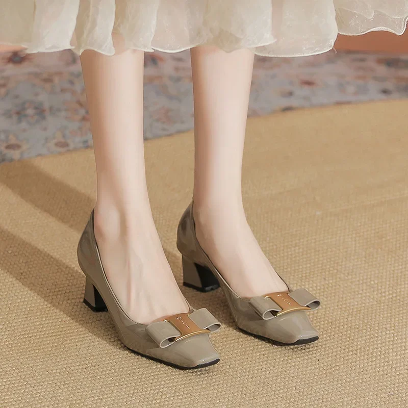 HOT Plus Size 40 HOT Women Shoes Square Toe 5cm Pumps Patent Leather Dress Butterfly Knot Boat Shoe Wedding Shoes Zapatos Mujerd 6