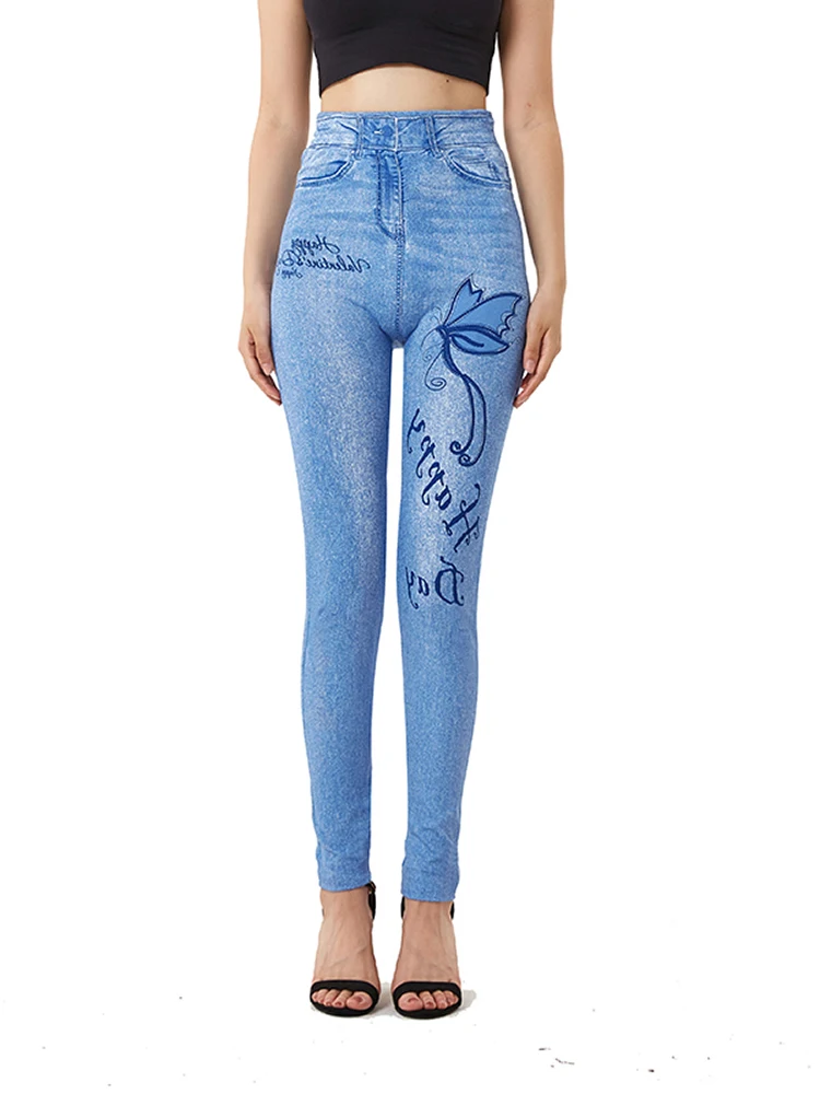 

CUHAKCI Butterfly Print Fake Letter Jeans Stretchy Leggings Plus Size Women Pants Casual High Waist Casual Denim Trouses