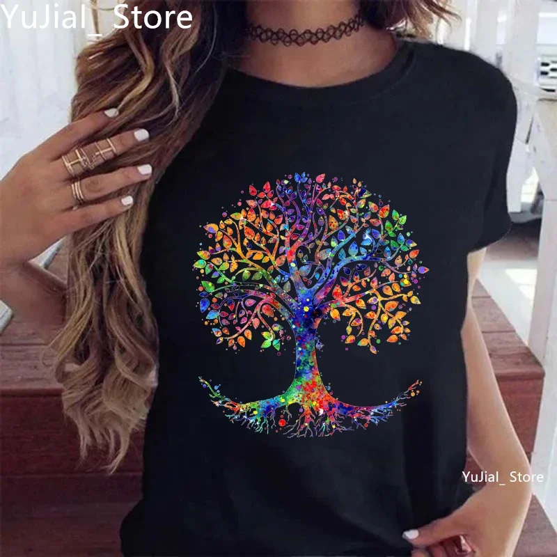 Watercolor Magic Tree Printed T Shirt Girls Fashion Gray/Green/Yellow/Pink/Black T-Shirt Women Summer Tops Tee Shirt Femme