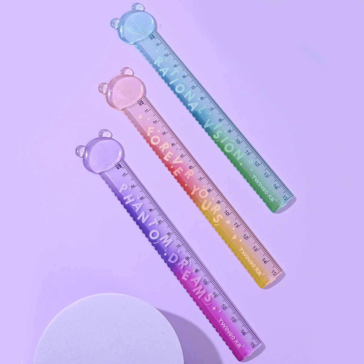 직선 측정 눈금자 15cm 그라디언트 글리터 귀여운 곰 물결 모양 가장자리 어린..