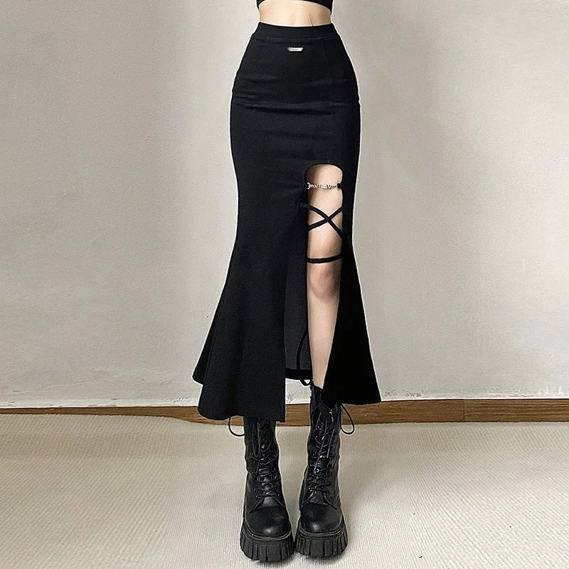 

Bandage Slit Long Skirts for Women Streetwear Y2k Girl Korean Fashion Harajuku Gothic Punk Vintage Dark Academia High Waist