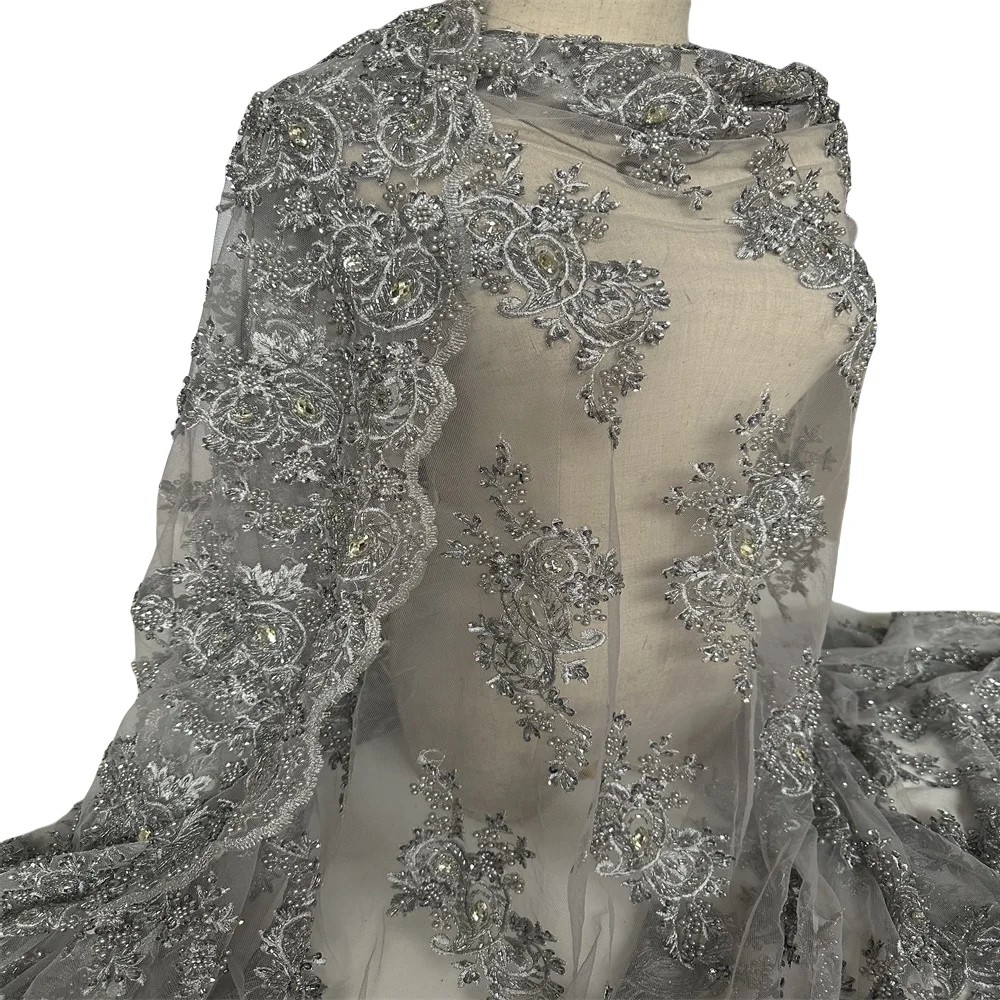 

French Embroidery Heavy Beaded Net Lace Fabric S-1406166 African Nigerian Tulle Mesh Shiny Sequins Fabric For Wedding Dress