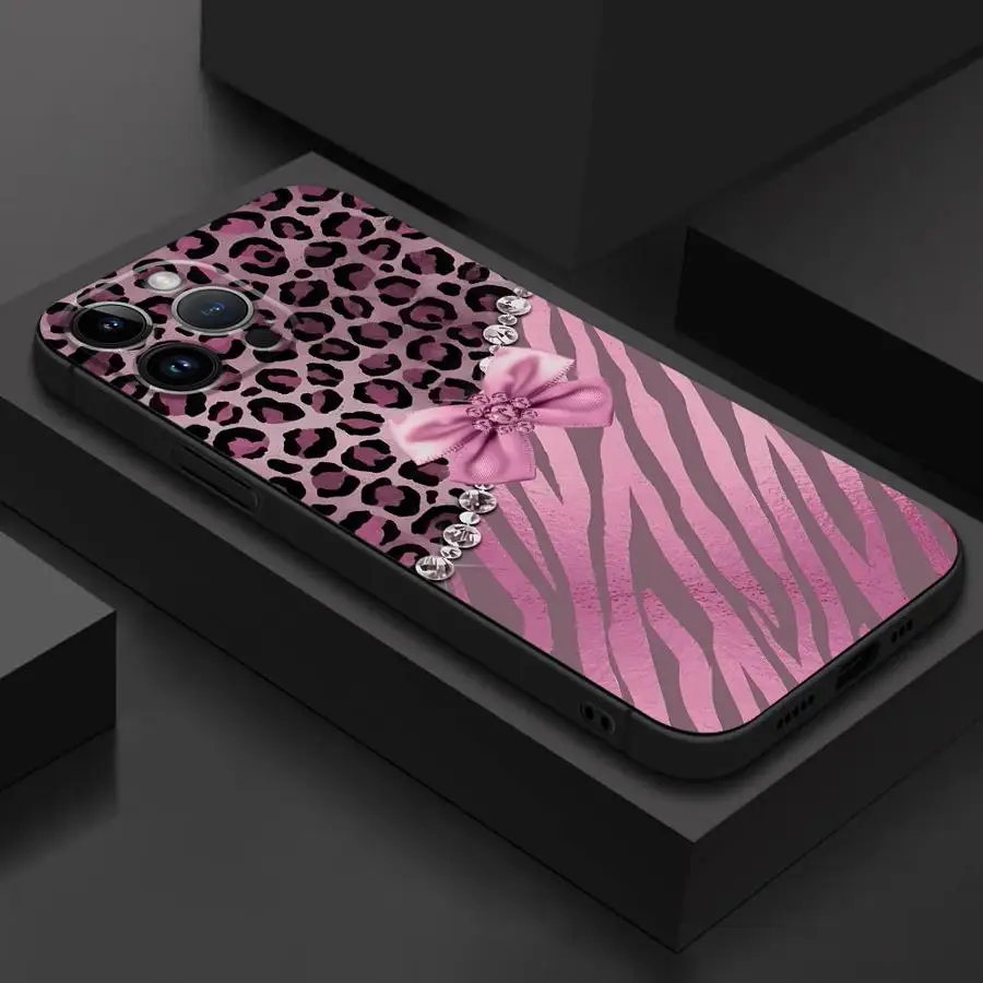 Luxury Pink Bow Leopard Design Phone Case - Stylish Black Soft Cover