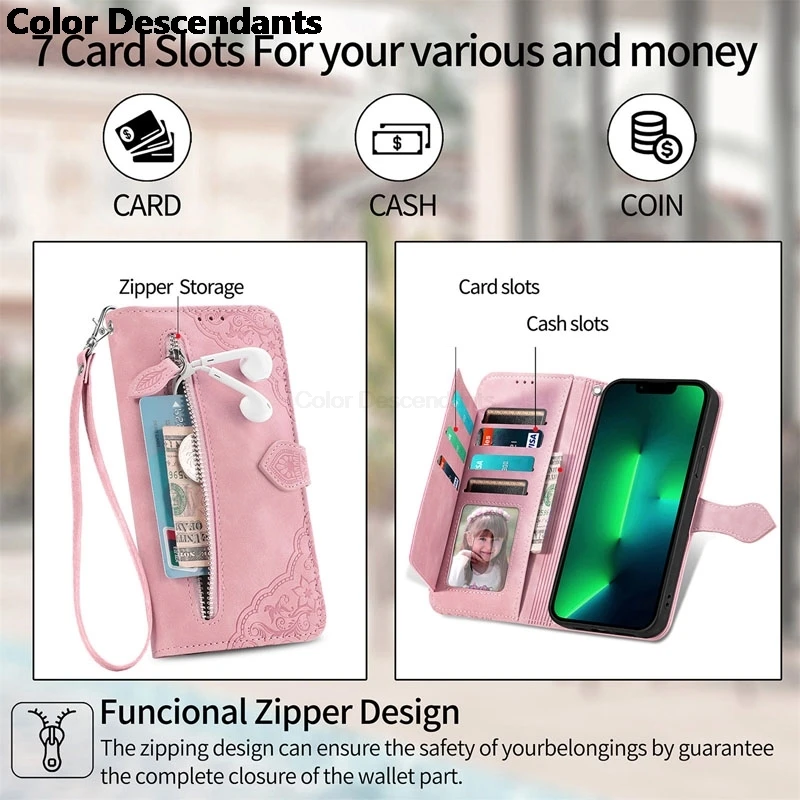 OPPO Reno 8 7 6 5 4 Pro Lite 7Z 5F 5A 4Z 2Z 2F 5G 4G 지퍼 커버 스탠드 백 용 서리로 덥은 꽃 가죽 플립 지갑 전화 케이스