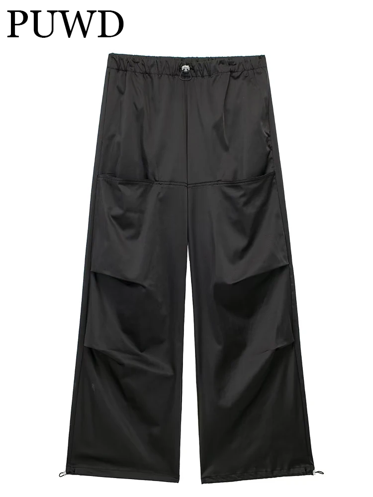 

ZACK RAIN Women Drawstring Black Trousers 2023 Vintage Solid Fold Pocket Jogging Pants Loose Female Chic Bottoms