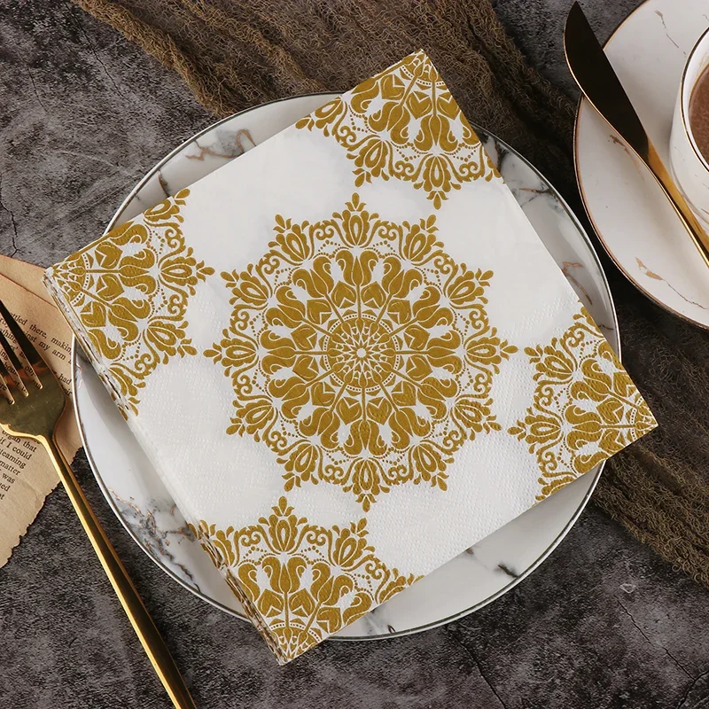 Printed Paper Napkins Gold Wedding Pure Wood Pulp Hotel Party 20pcs/pac 33cm