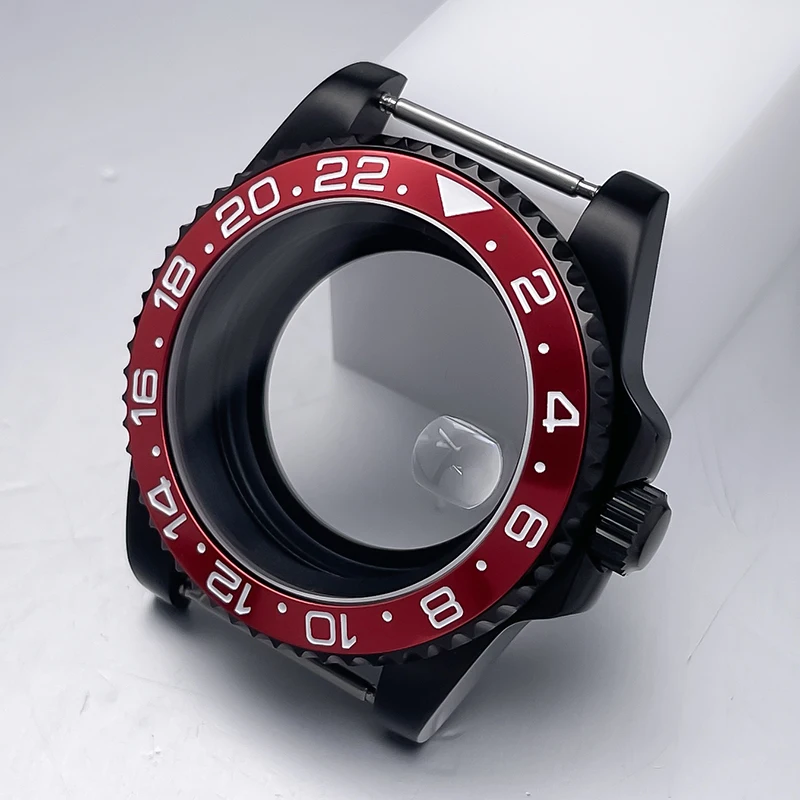 All-Black Sub Style Watch Case with Rubber Strap and Sapphire Crystal