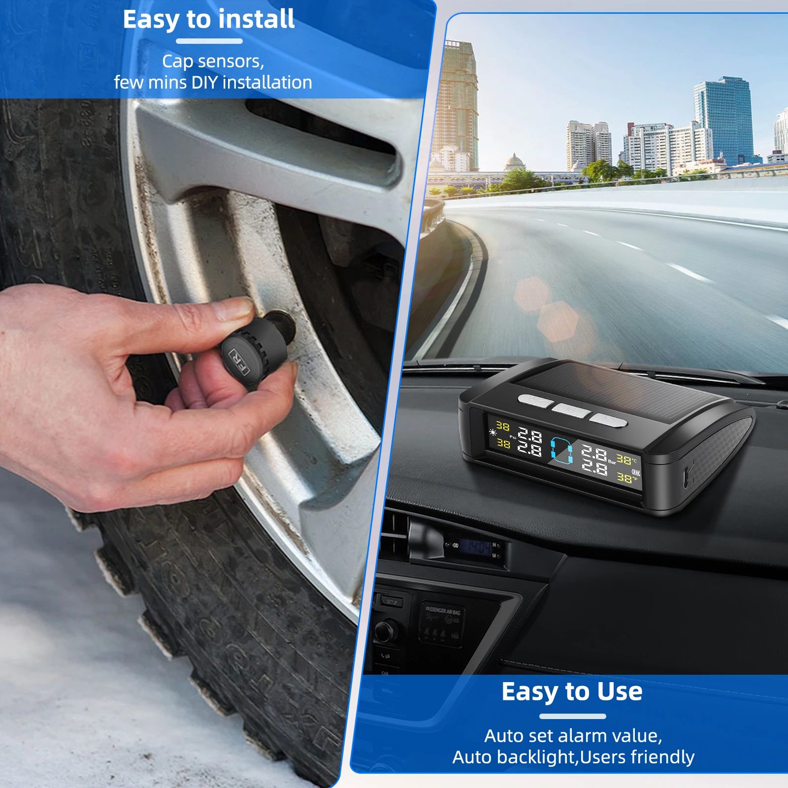 Solar Power TPMS Car Tire Pressure Alarm Monitor Intelligent Auto Security Alarm Digital Tyre Pressure Temperature Warning