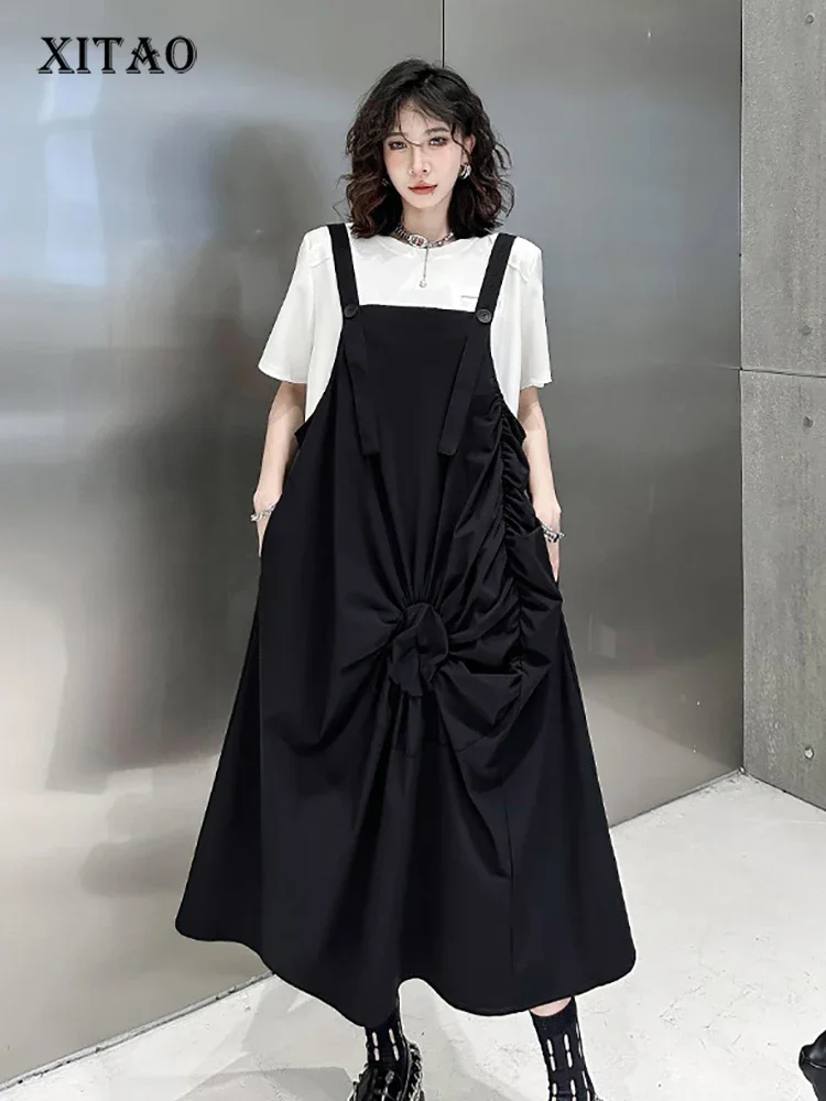 

XITAO Black Folds Female Straps Dress Loose Fashion Simplicity Temperament Sleeveless Women Dress Summer New Slip Dress DMJ1452