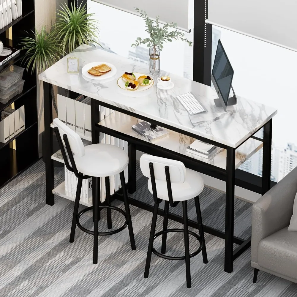 3-Piece Bar Table and Chairs Set, Modern White Faux Marble Table with 2 PU Cushion Bar Stools, Kitchen Counter 4